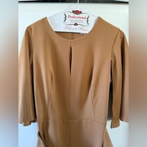 Calvin Klein Tan Pleated Sheath Dress Bell Sleeves